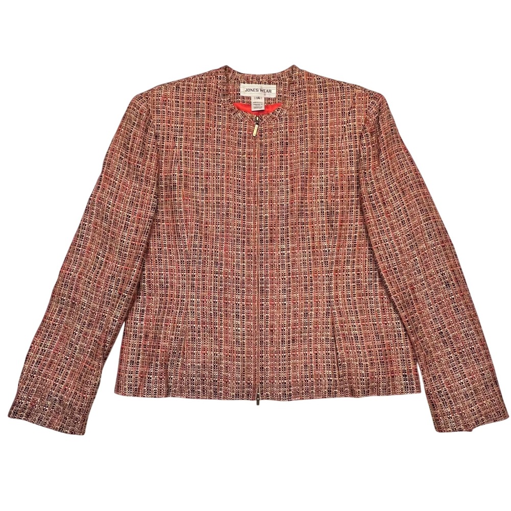 Jones Wear Coral Black Tweed Zip Front‎ Preppy Old Money Academia Blazer Size 14